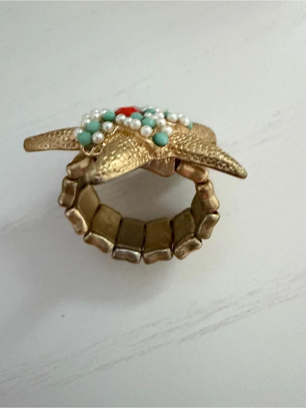 Gold Starfish Stretch Ring with Turquoise, Pearl and Coral Accents